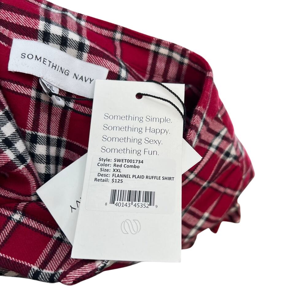 Something Navy Flannel Plaid Ruffle Shirt Red Combo XXL 100% Cotton Button Up - Picture 12 of 15